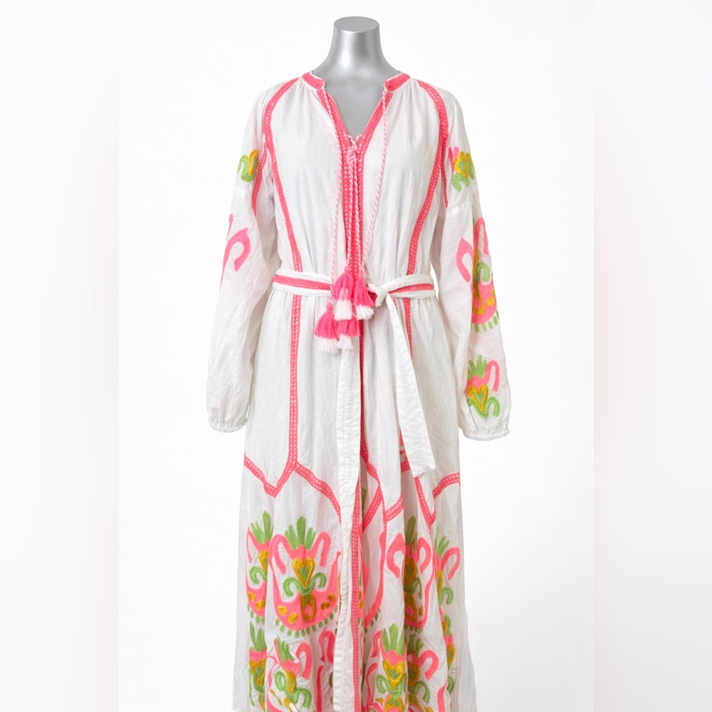 Embroidered White and Pink Maxi Dress - Picture 2 of 5